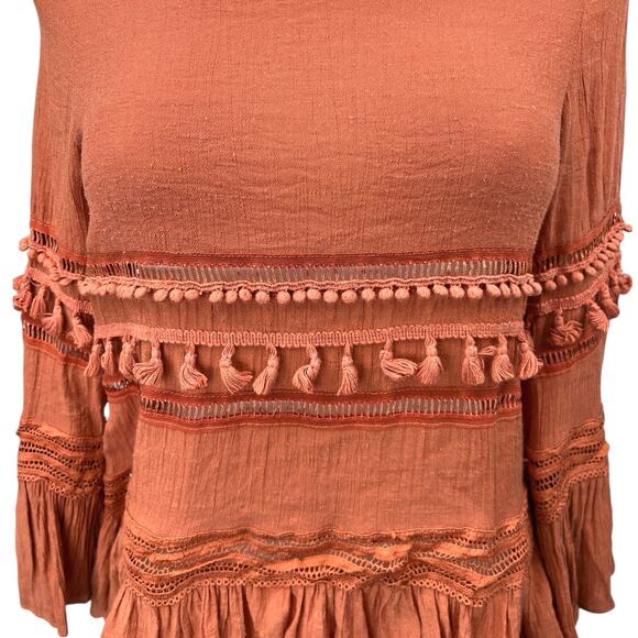 Bacio Brown Pom Pom Tassel Embellished Ruffle Boho Western Blouse Top Size S - Picture 3 of 5